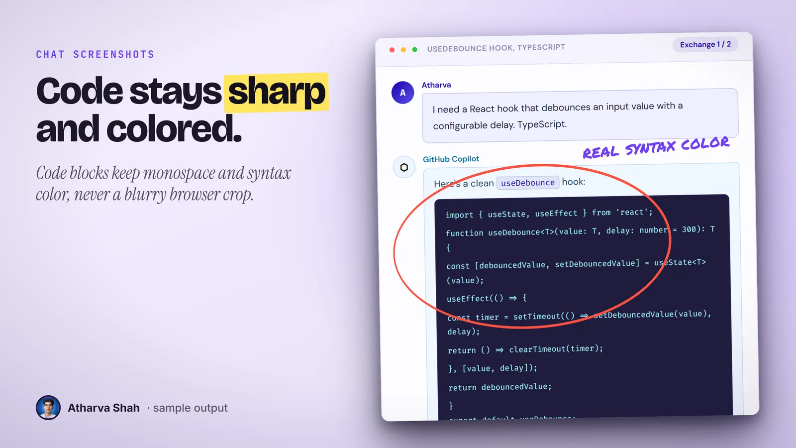 A chat panel with a React useDebounce hook in a dark code block, circled in red.