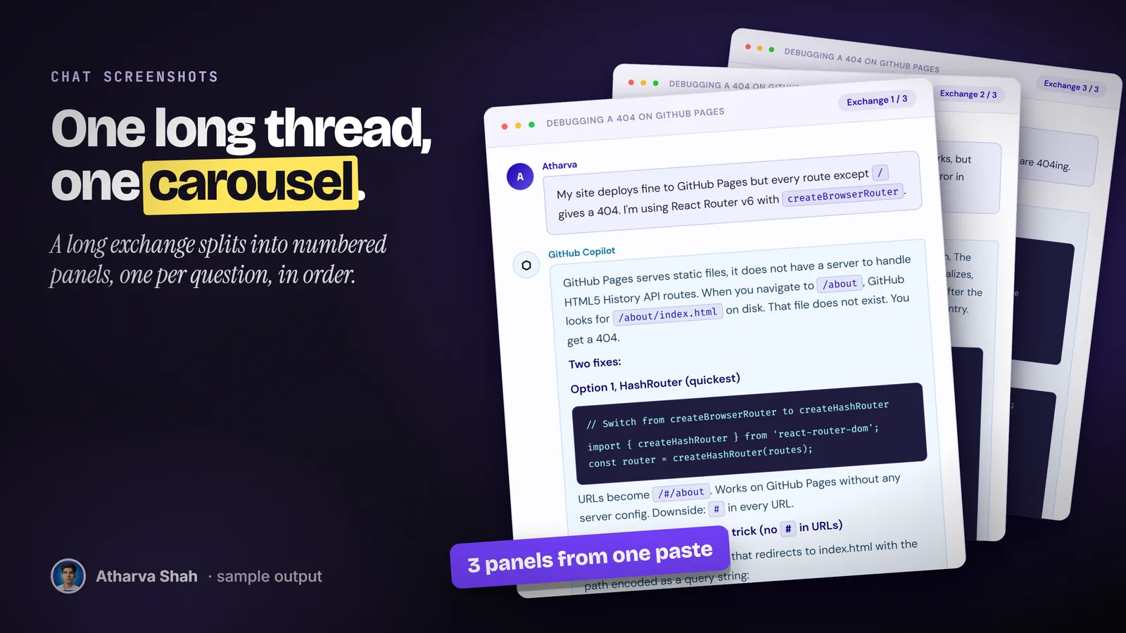 Three chat panels fanned out, labeled Exchange 1 of 3, 2 of 3 and 3 of 3, about a GitHub Pages 404.