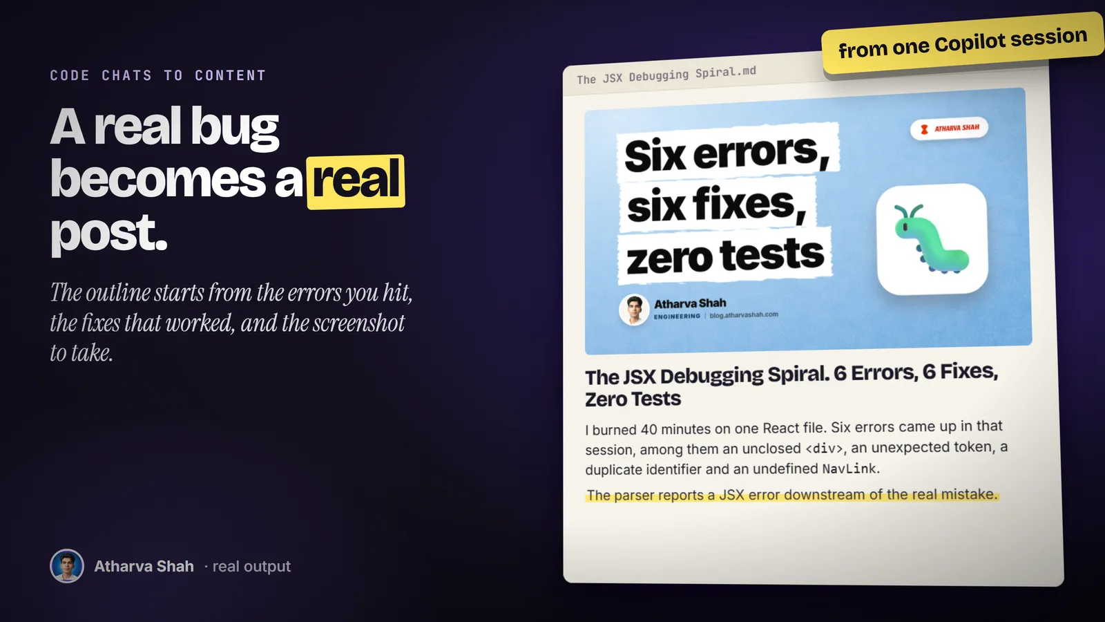 The draft The JSX Debugging Spiral. 6 Errors, 6 Fixes, Zero Tests, with its cover and opening paragraph, from a real Copilot session.
