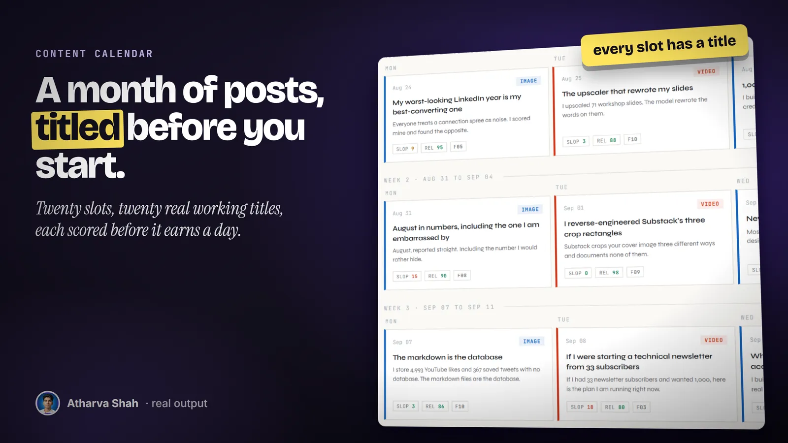 A real four-week LinkedIn content calendar, tilted, with a titled post in every weekday slot.