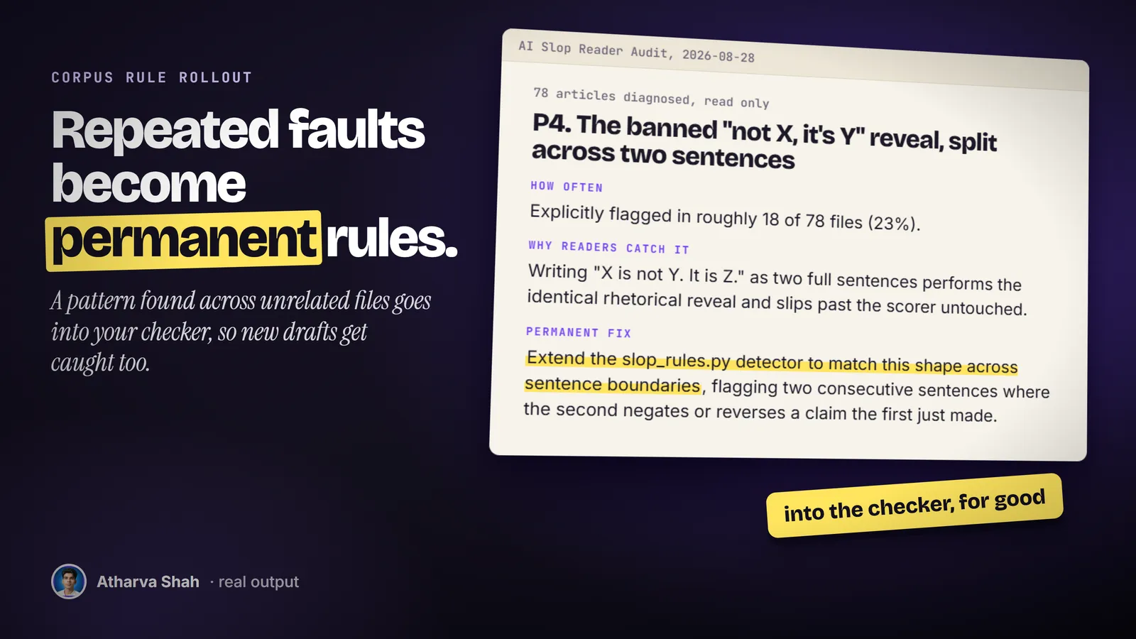 An excerpt from a 78-article audit report naming a repeated writing pattern and the permanent checker fix for it.