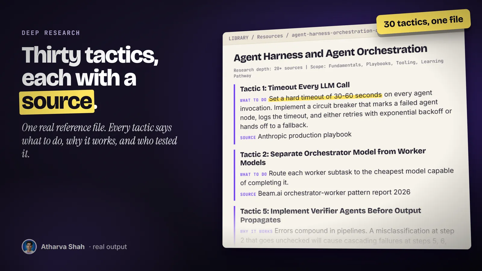 A real research file on agent orchestration, tilted, showing three numbered tactics with what to do and a named source.