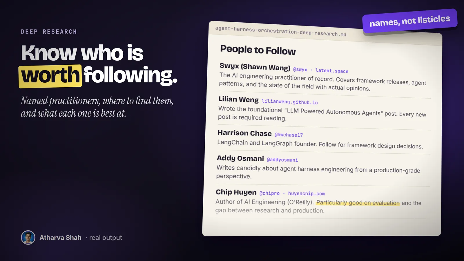The People to Follow section of a real research file, with five named practitioners and their handles.
