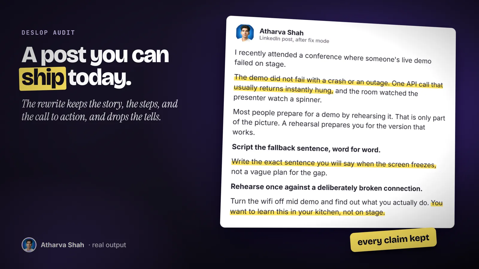 A real LinkedIn post after fix mode, with the rewritten sentences highlighted in yellow.