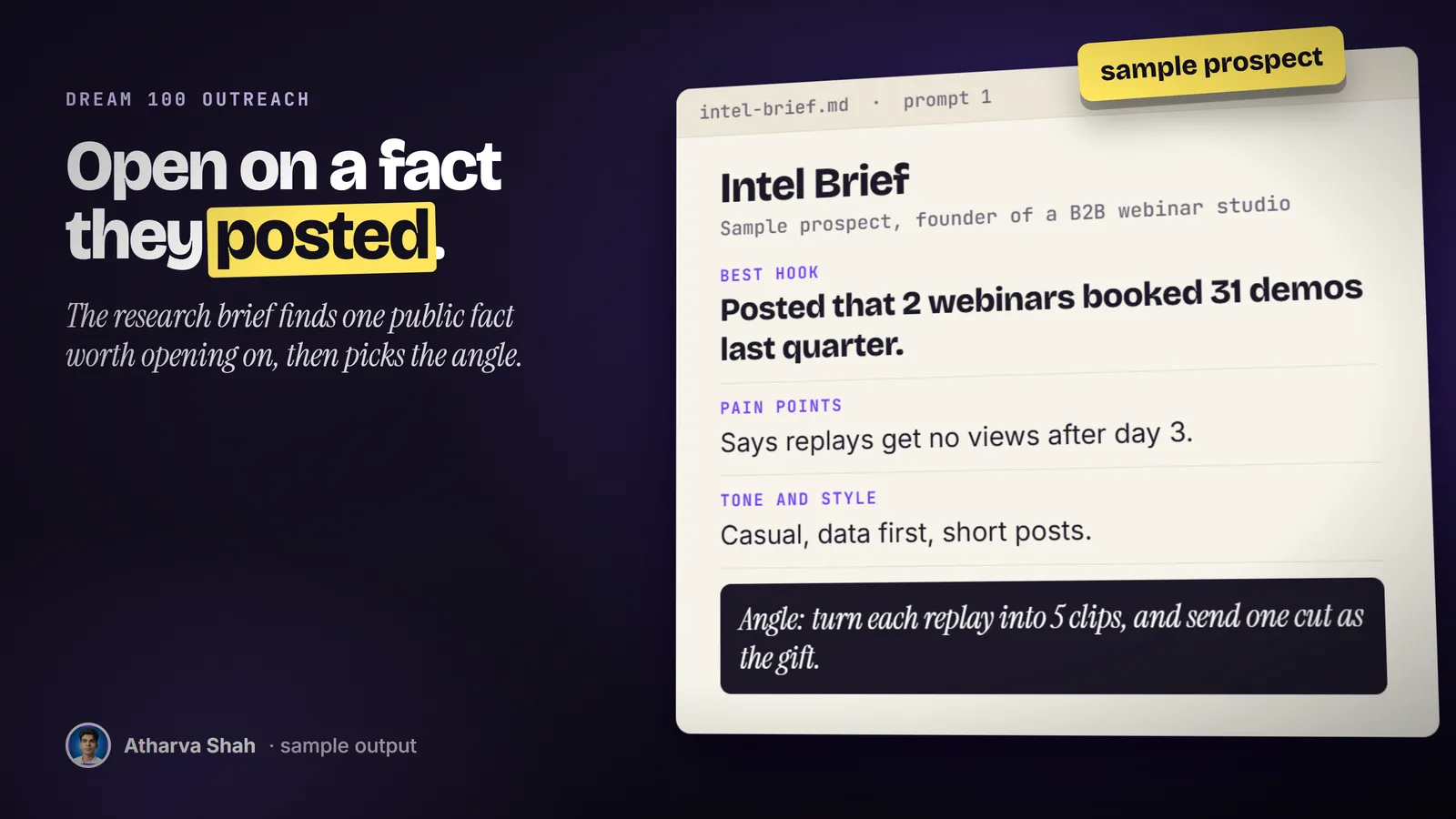 Sample intel brief with the best hook, pain points, tone, and the outreach angle.