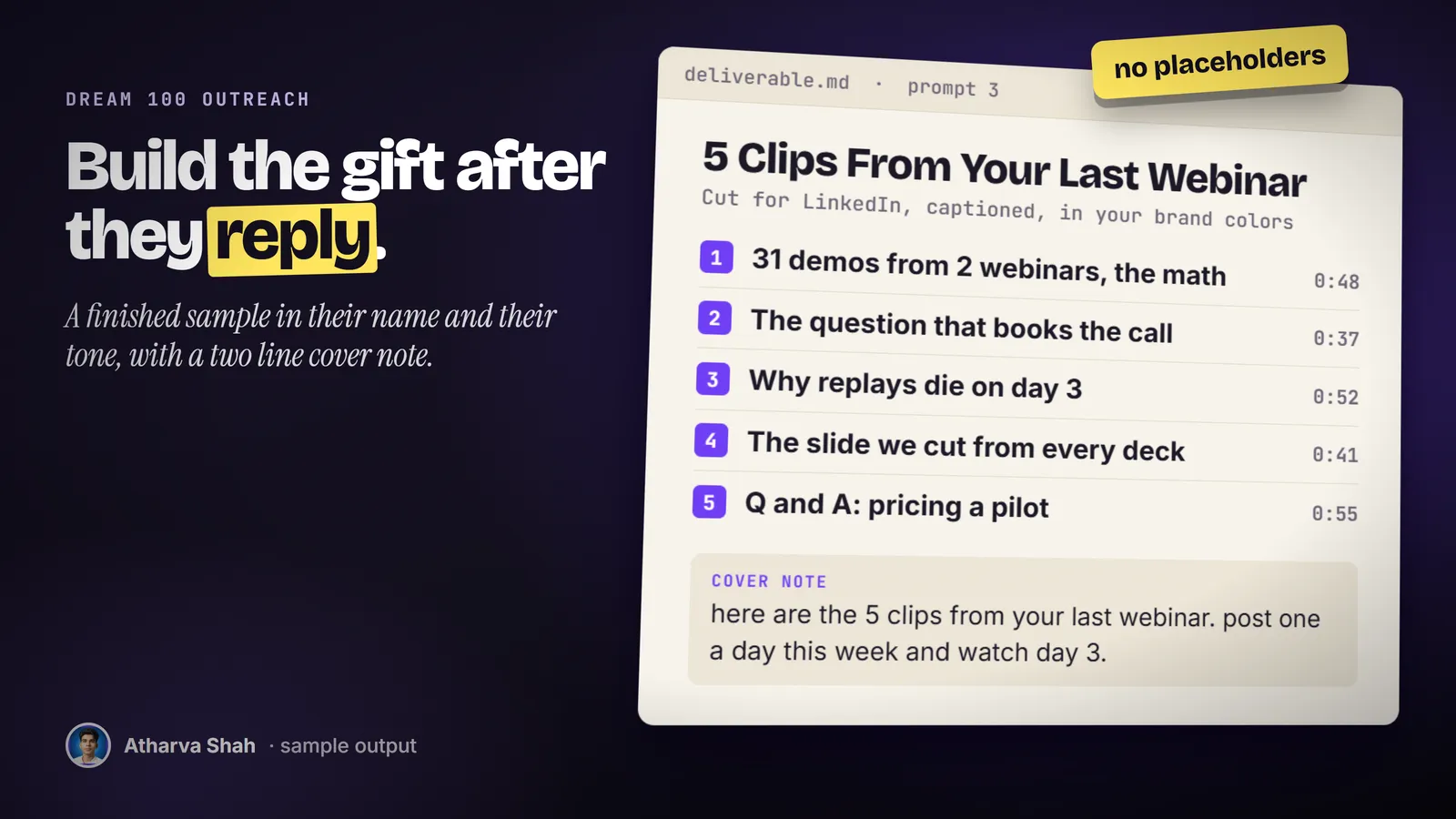 Sample deliverable listing five titled clips cut from a prospect's webinar, plus a short cover note.