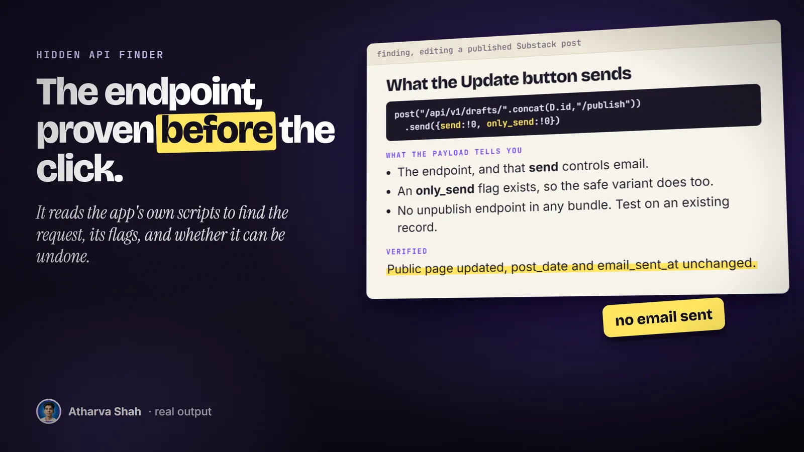 A finding note for editing a published Substack post: the publish call from the app bundle, its send flags, and a verified result.