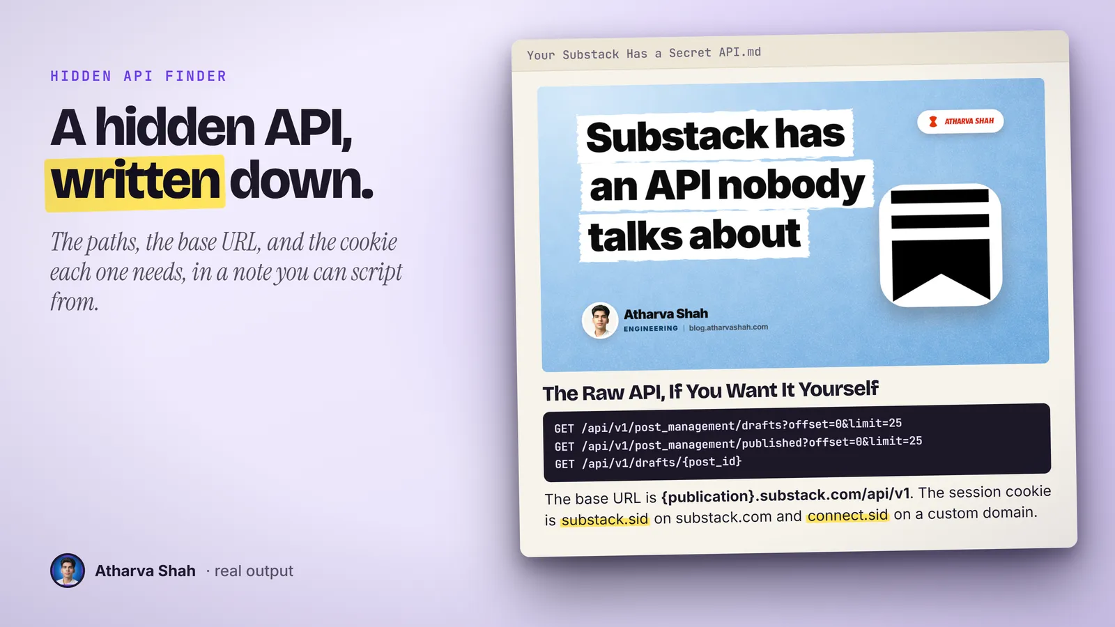 A draft article, Your Substack Has a Secret API, showing three raw Substack API paths and the session cookie names.