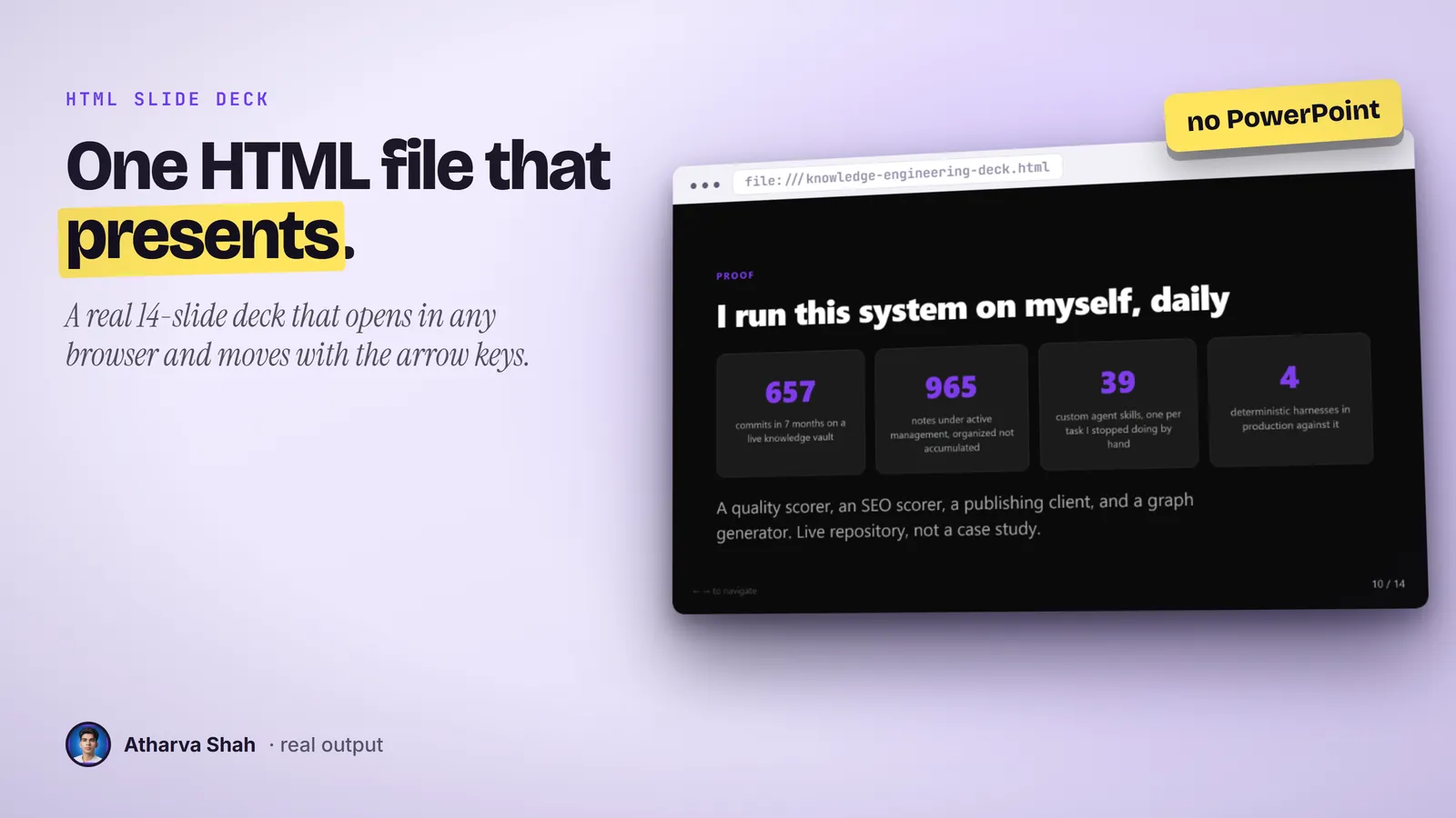 A browser window showing a real HTML slide deck, open on a slide of four stat tiles.