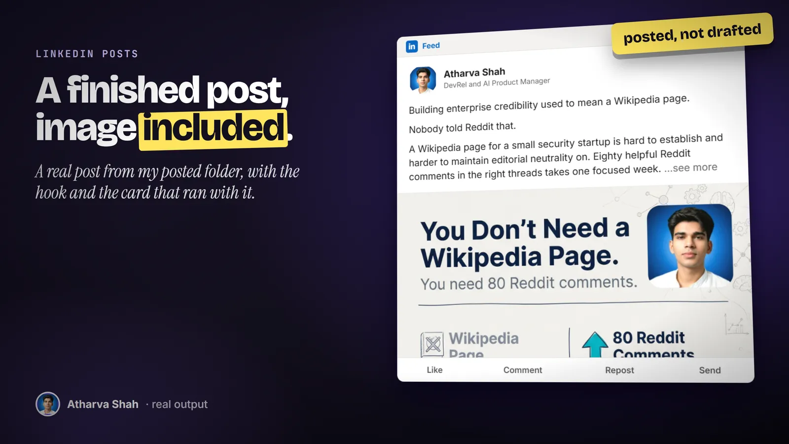 A LinkedIn feed post by Atharva Shah about 80 Reddit comments, with its Wikipedia versus Reddit image.