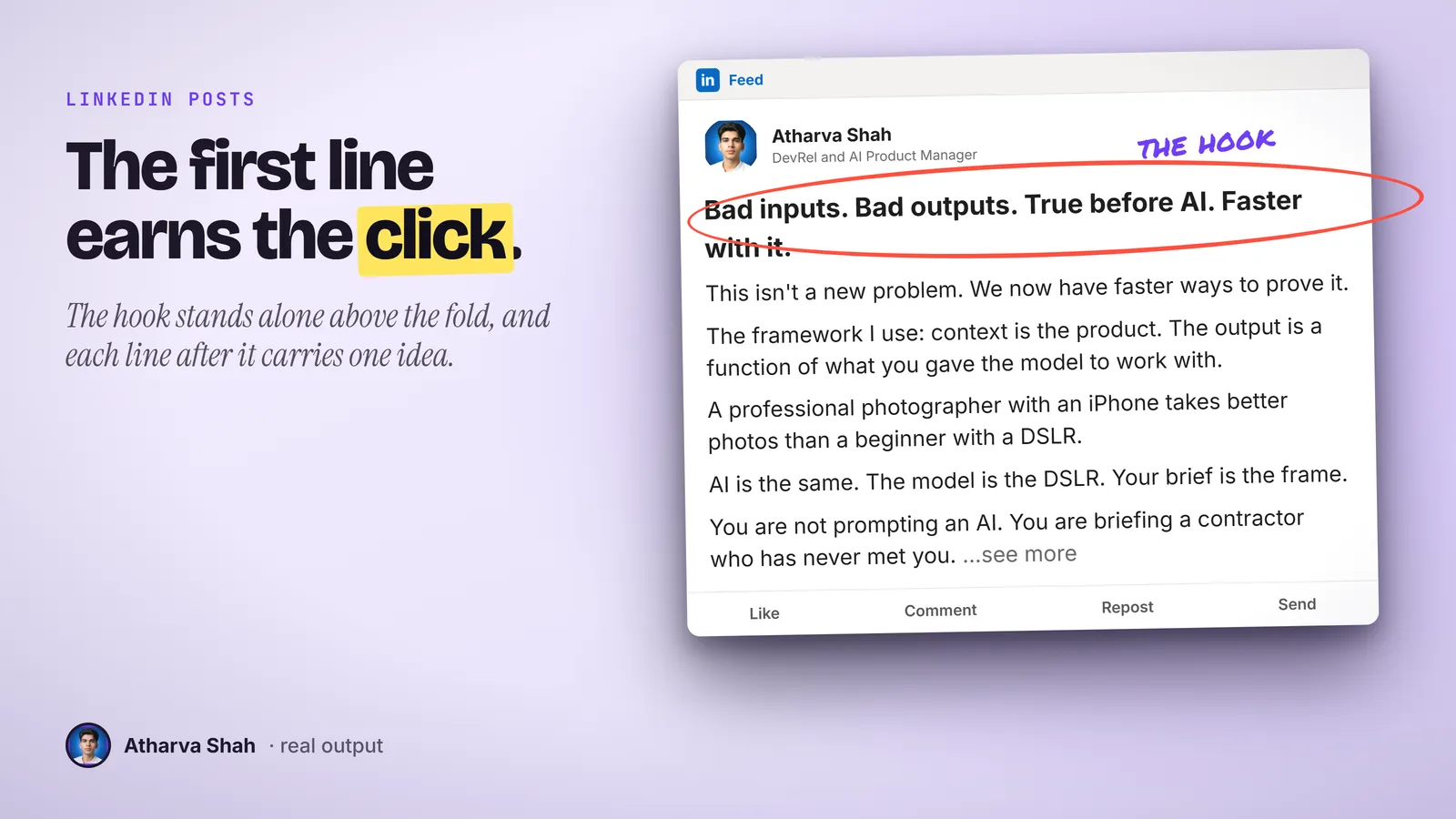 A LinkedIn post that opens on Bad inputs. Bad outputs. True before AI. Faster with it, circled in red.