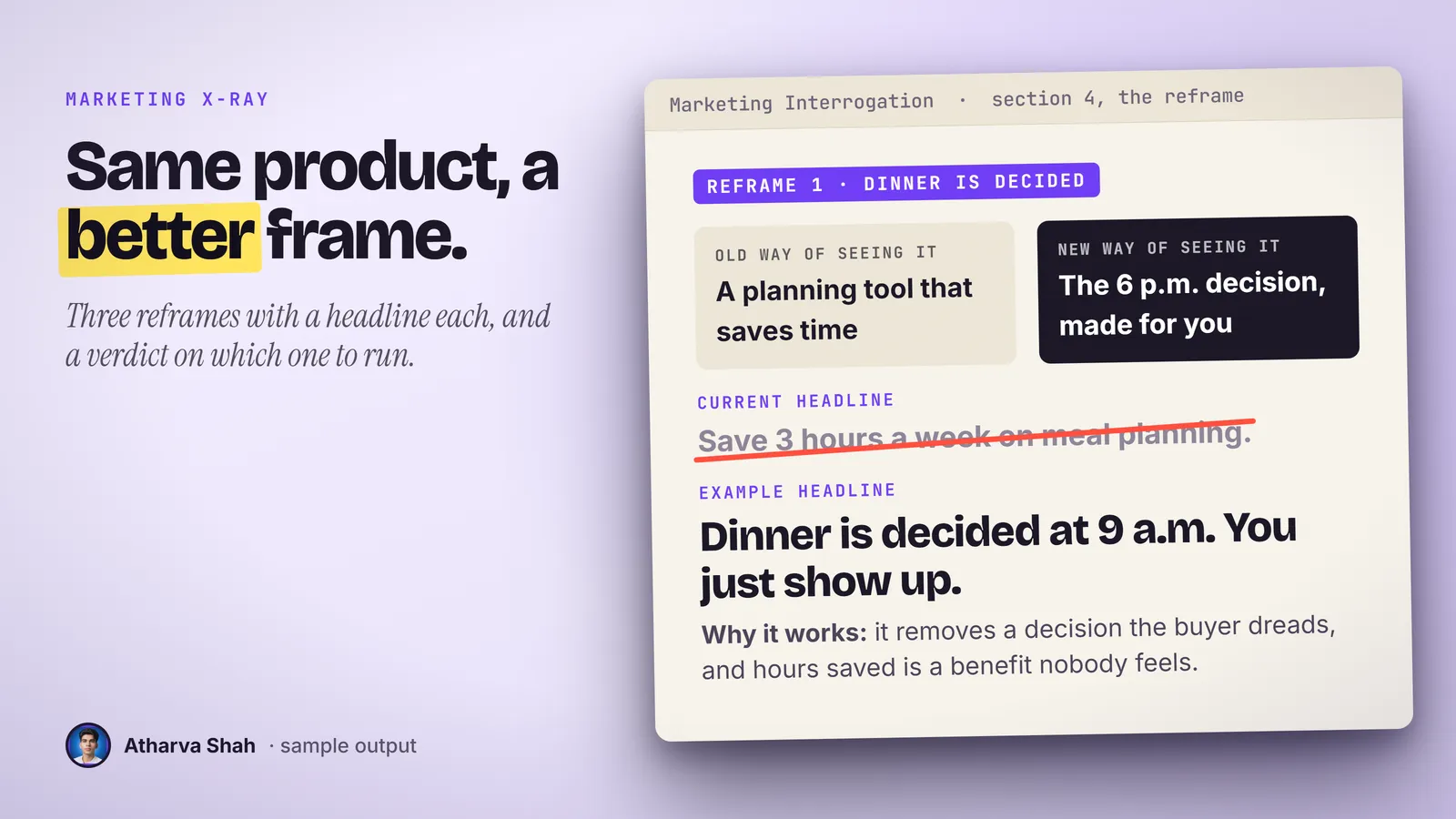 Sample reframe page with the old and new frame side by side and the old headline struck out.