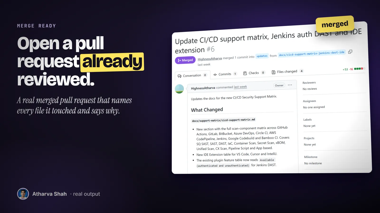 A real merged GitHub pull request, tilted, showing the title, the Merged badge, and a What Changed section listing each file.