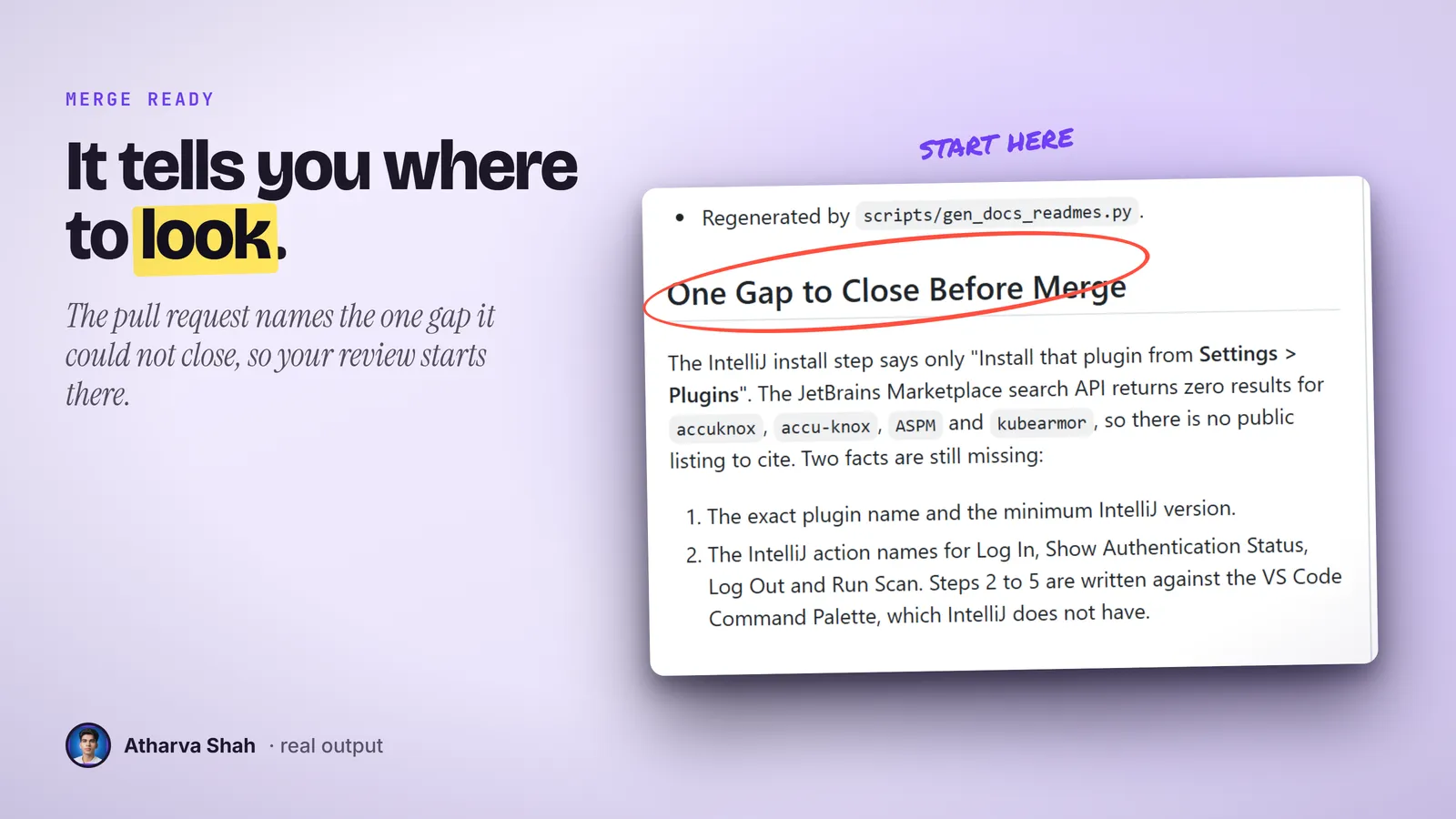 Crop of a real pull request with the heading One Gap to Close Before Merge circled in red.