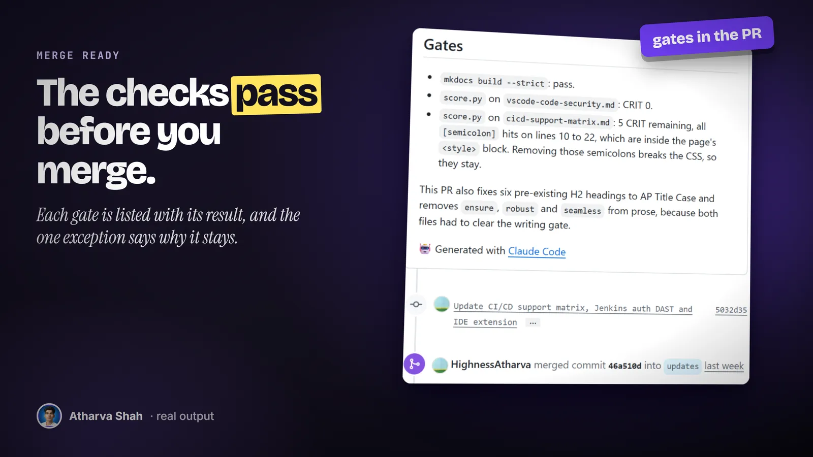 The Gates section of a real merged pull request, listing build and writing checks, above the merged commit event.