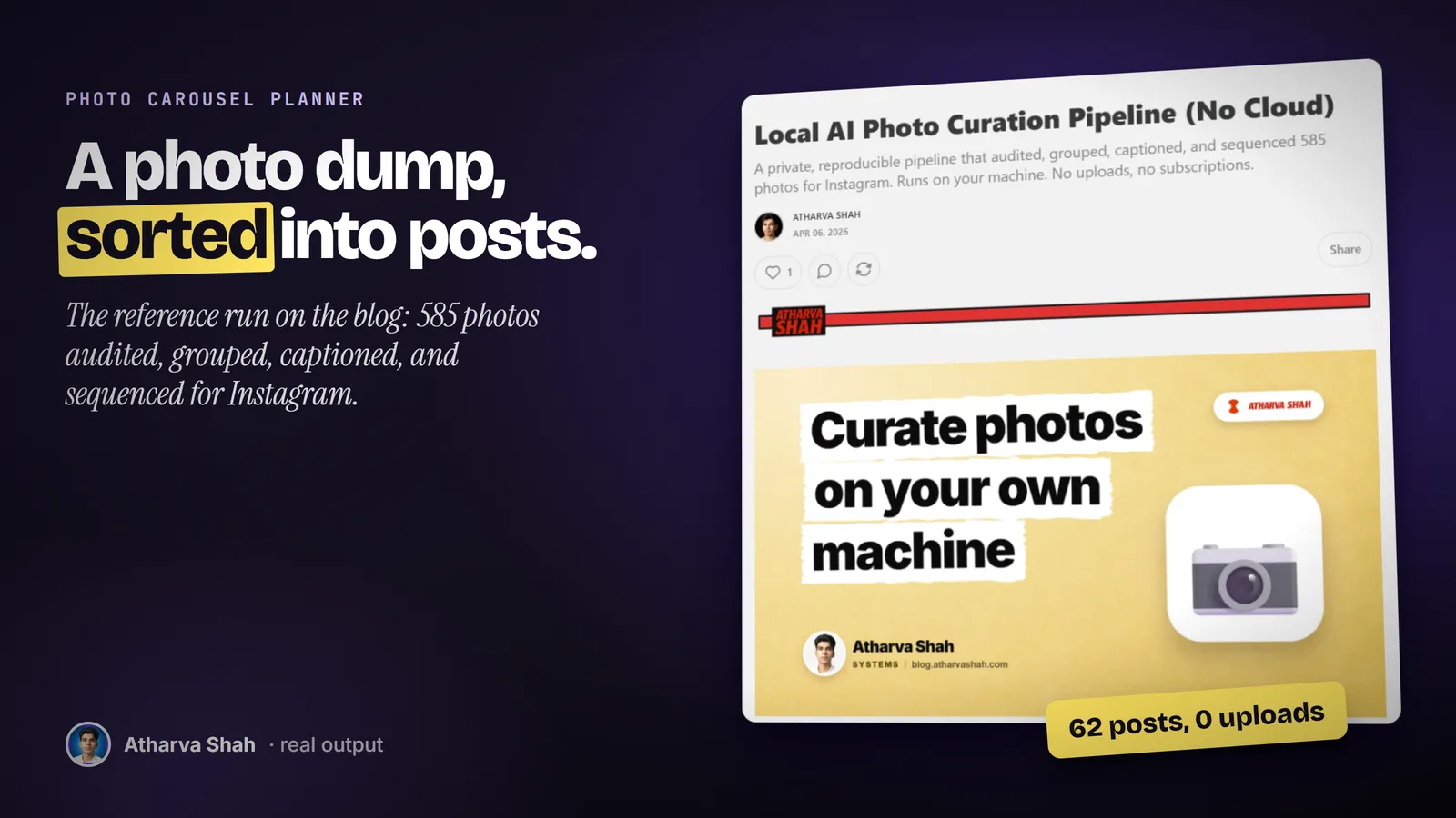 The published blog post Local AI Photo Curation Pipeline (No Cloud), with its title, subtitle, and cover.