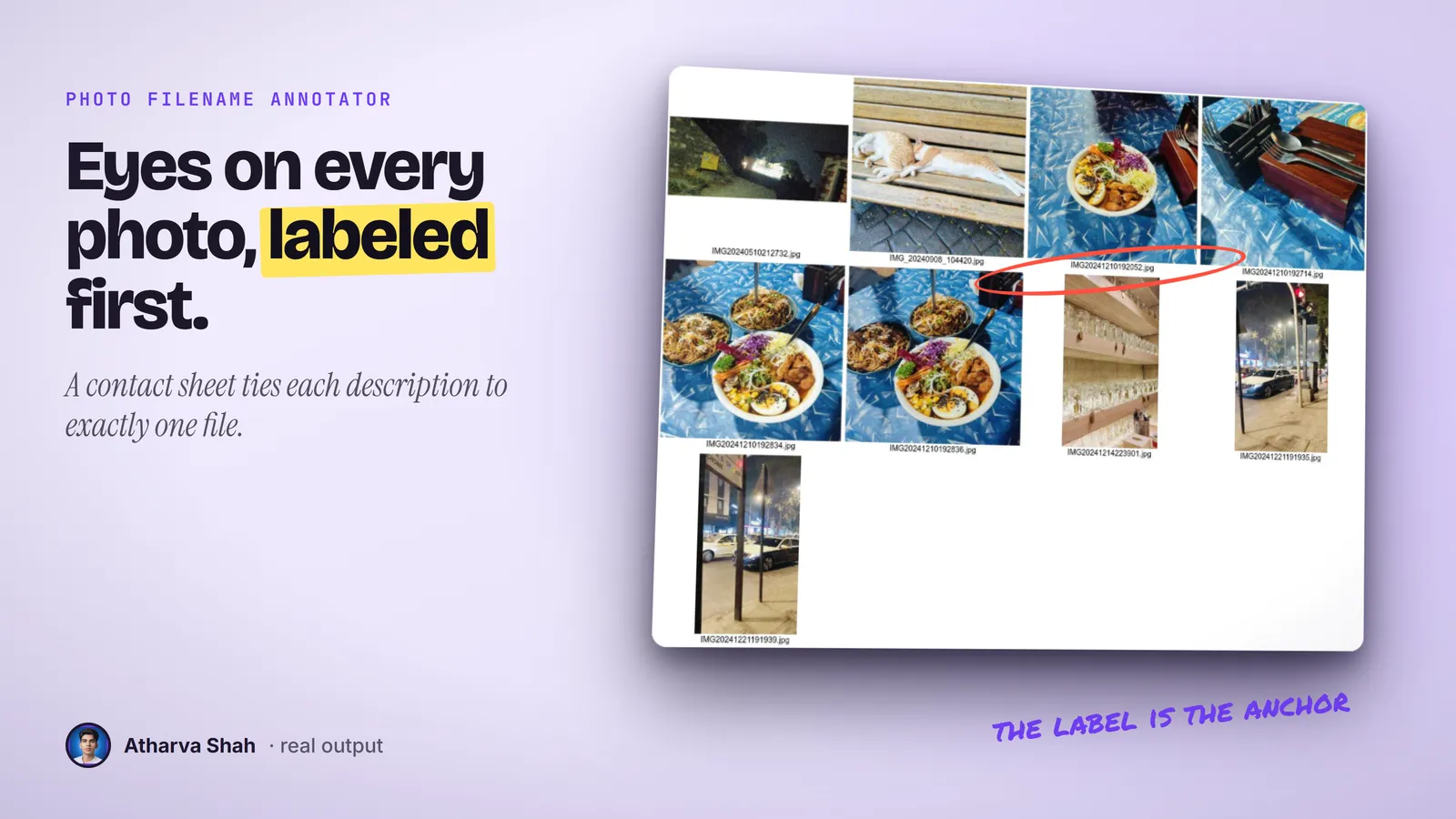 A real contact sheet of nine photos, each labeled with its original filename, with one label circled.