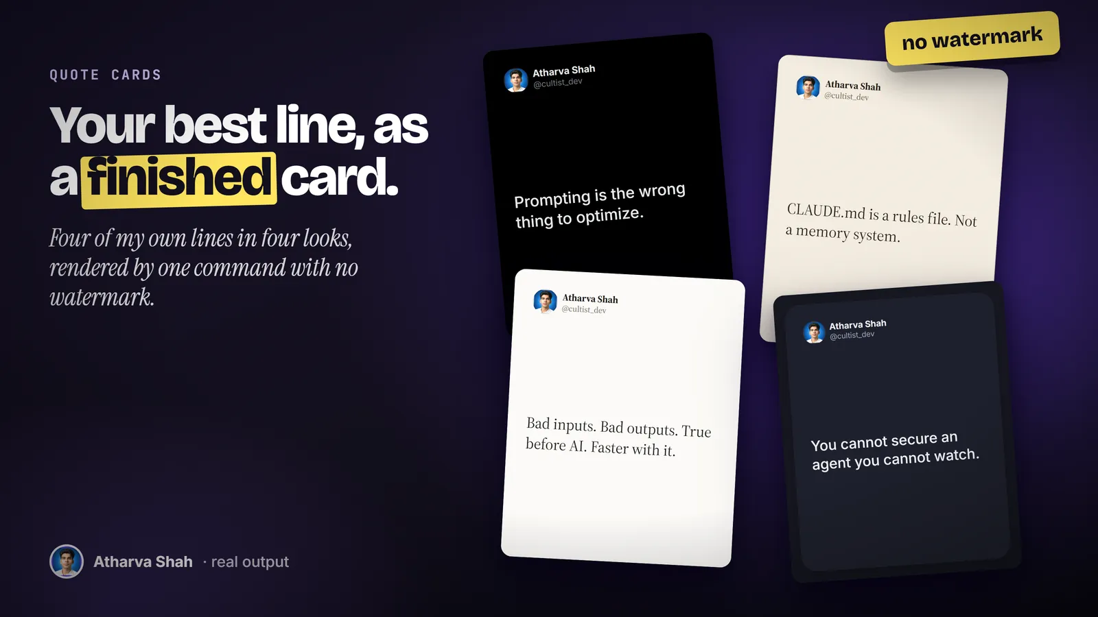 Four quote cards of Atharva's lines in dark, cream, serif and rounded looks, scattered on a dark ground.