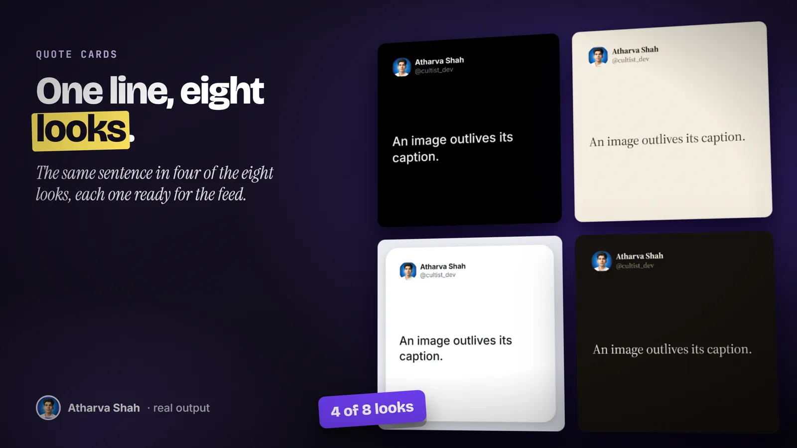 One line, An image outlives its caption, rendered as four square cards in four different looks.