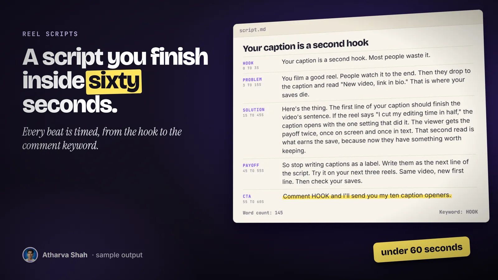 A reel script document with five timed beats from 0 to 60 seconds, a word count of 145 and the keyword HOOK.