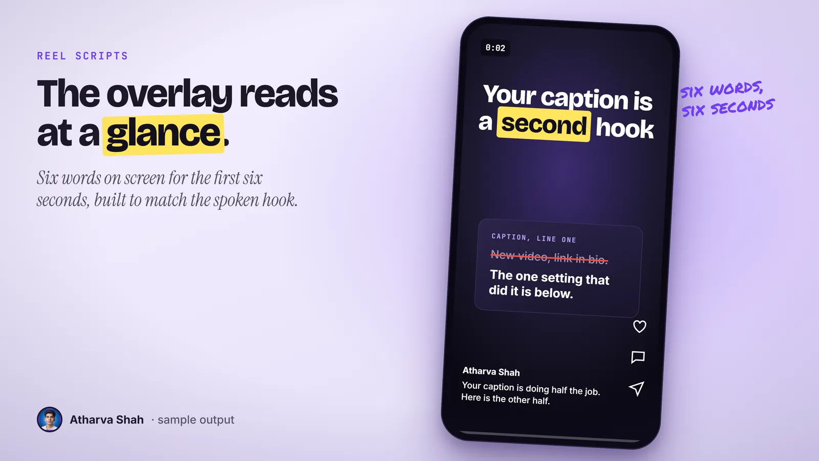 A phone showing a reel frame with the overlay Your caption is a second hook, at 0:02.