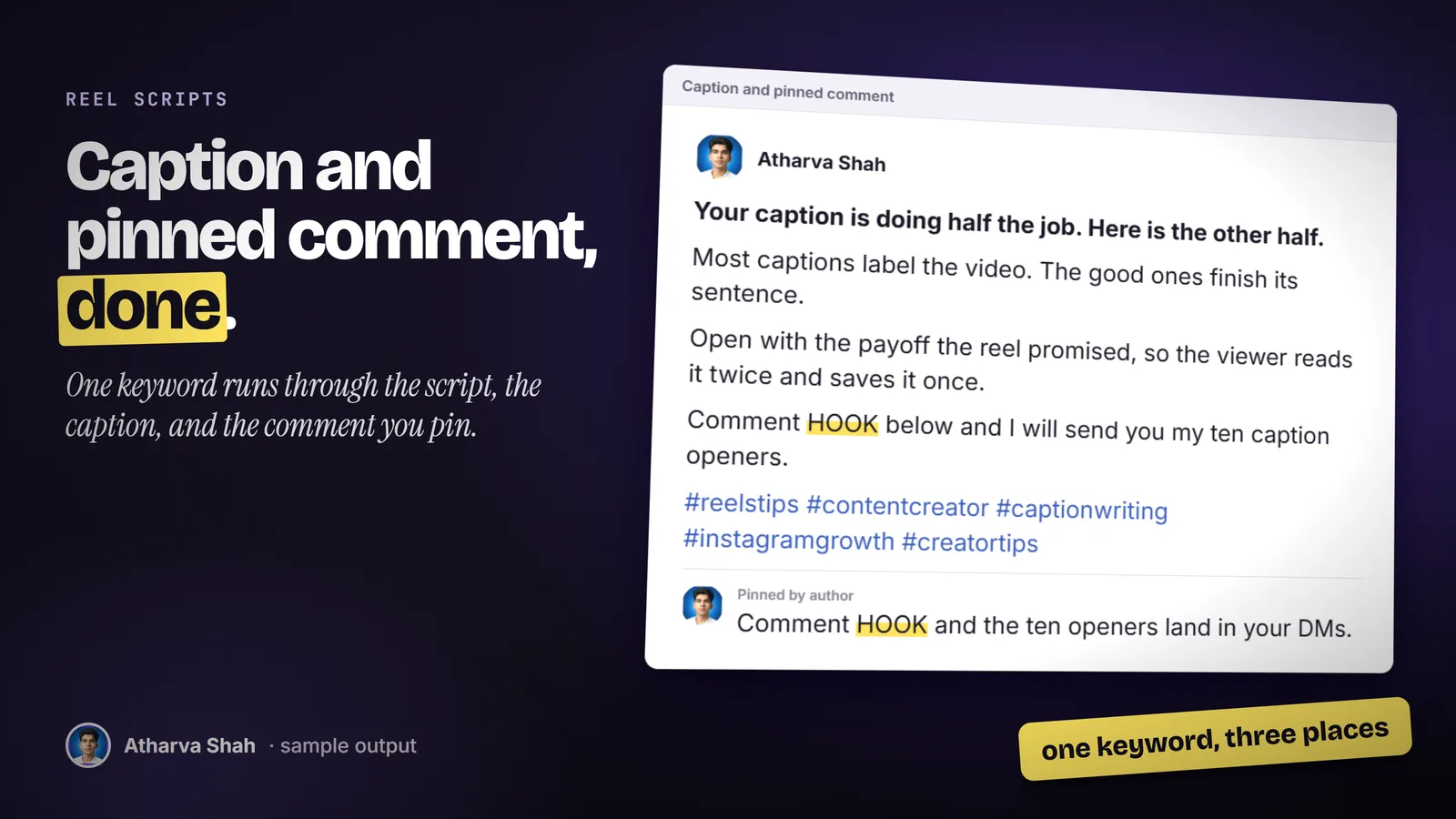 An Instagram caption with hashtags and a pinned comment, the keyword HOOK highlighted in both.