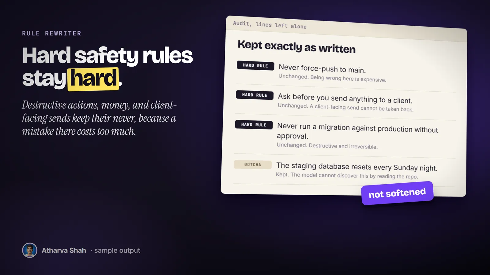 A sample audit list of hard rules and a gotcha that the rewrite leaves unchanged.