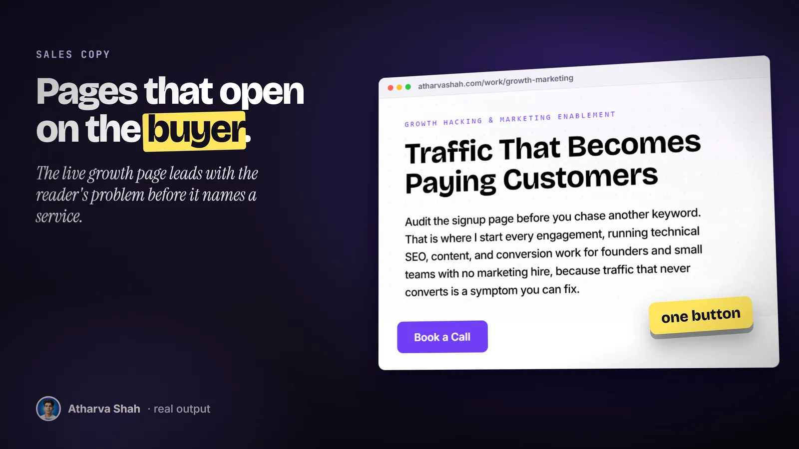 The live growth marketing page hero in a browser window: Traffic That Becomes Paying Customers, with a Book a Call button.