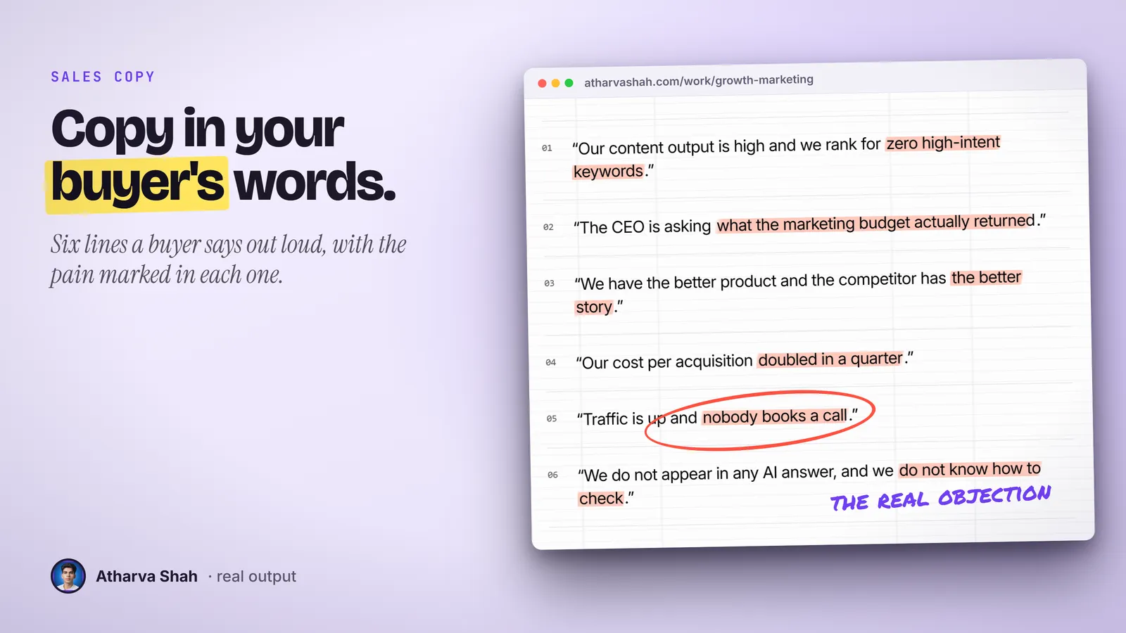 Six buyer objections from a live sales page, each with its pain phrase highlighted, one circled in red.