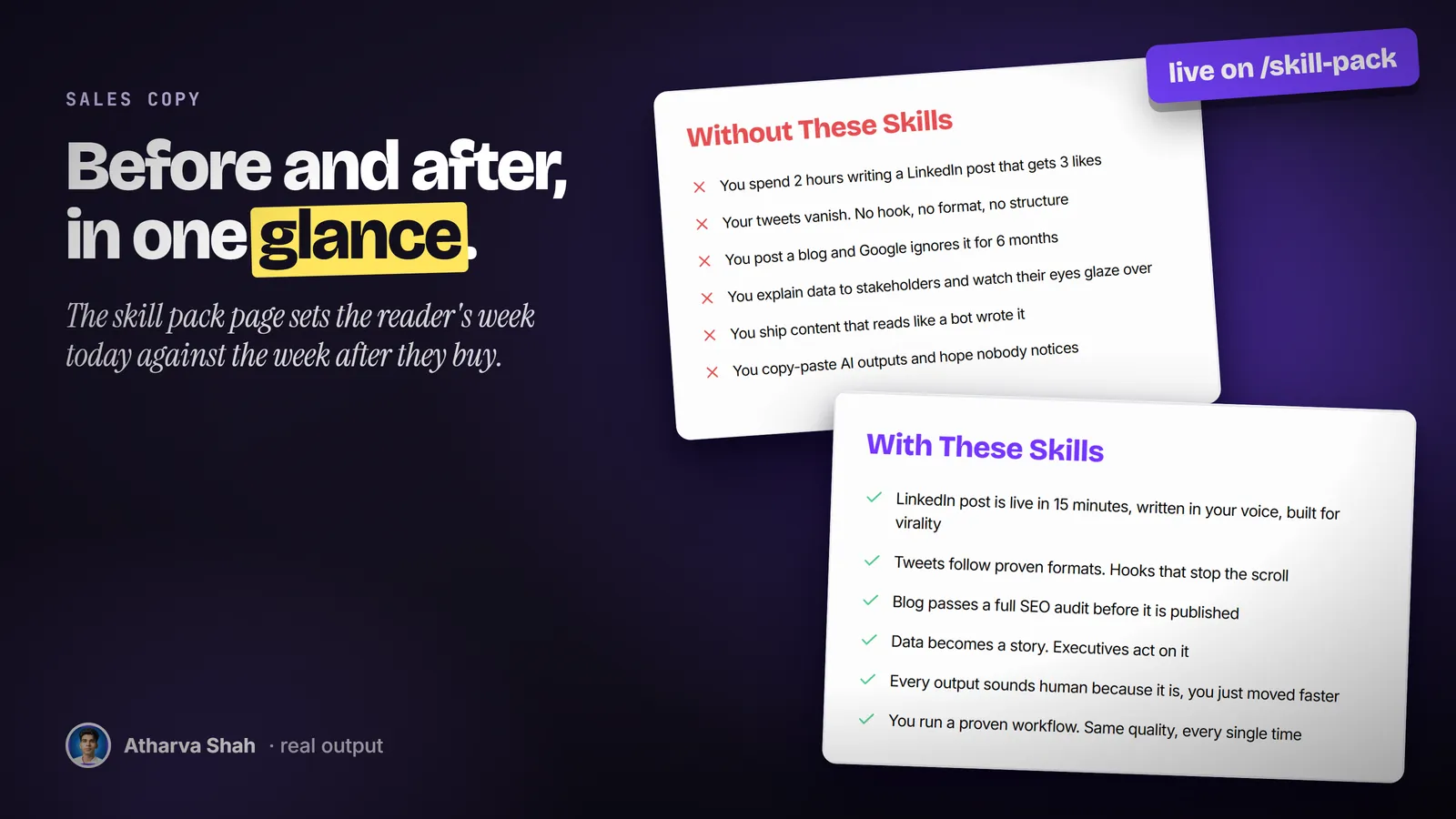 Two cards from the live skill pack page: Without These Skills with red crosses, With These Skills with green checks.