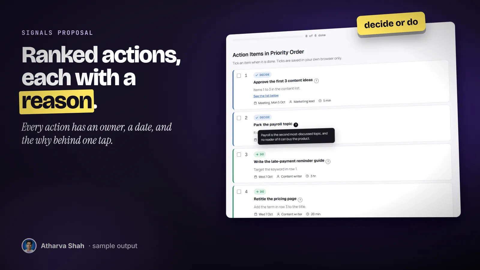 A sample proposal page showing six ranked action items, with a reason tip open on the second.