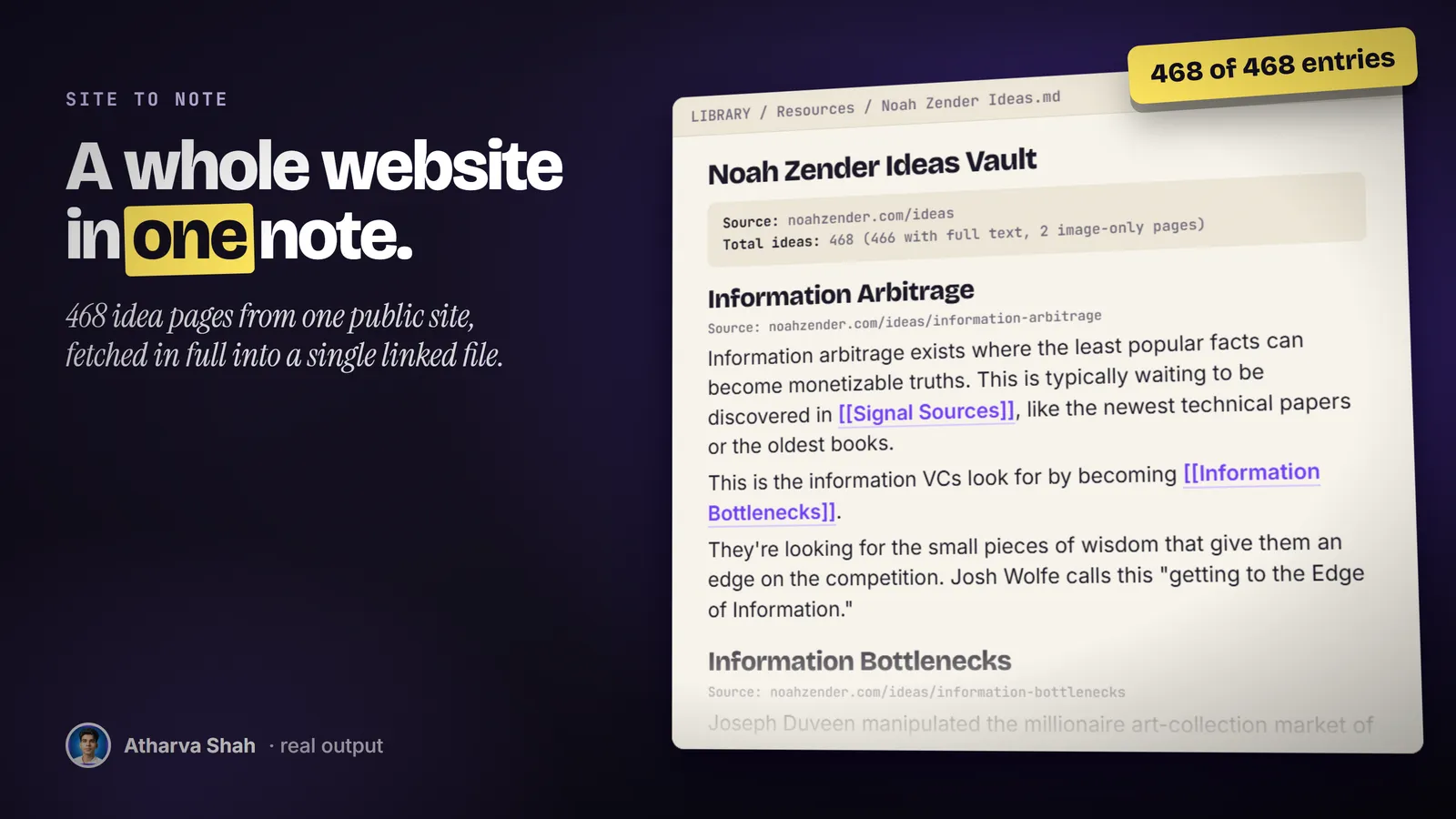 A real vault note cloned from a 468-page ideas site, showing its header and an entry with wikilinks.