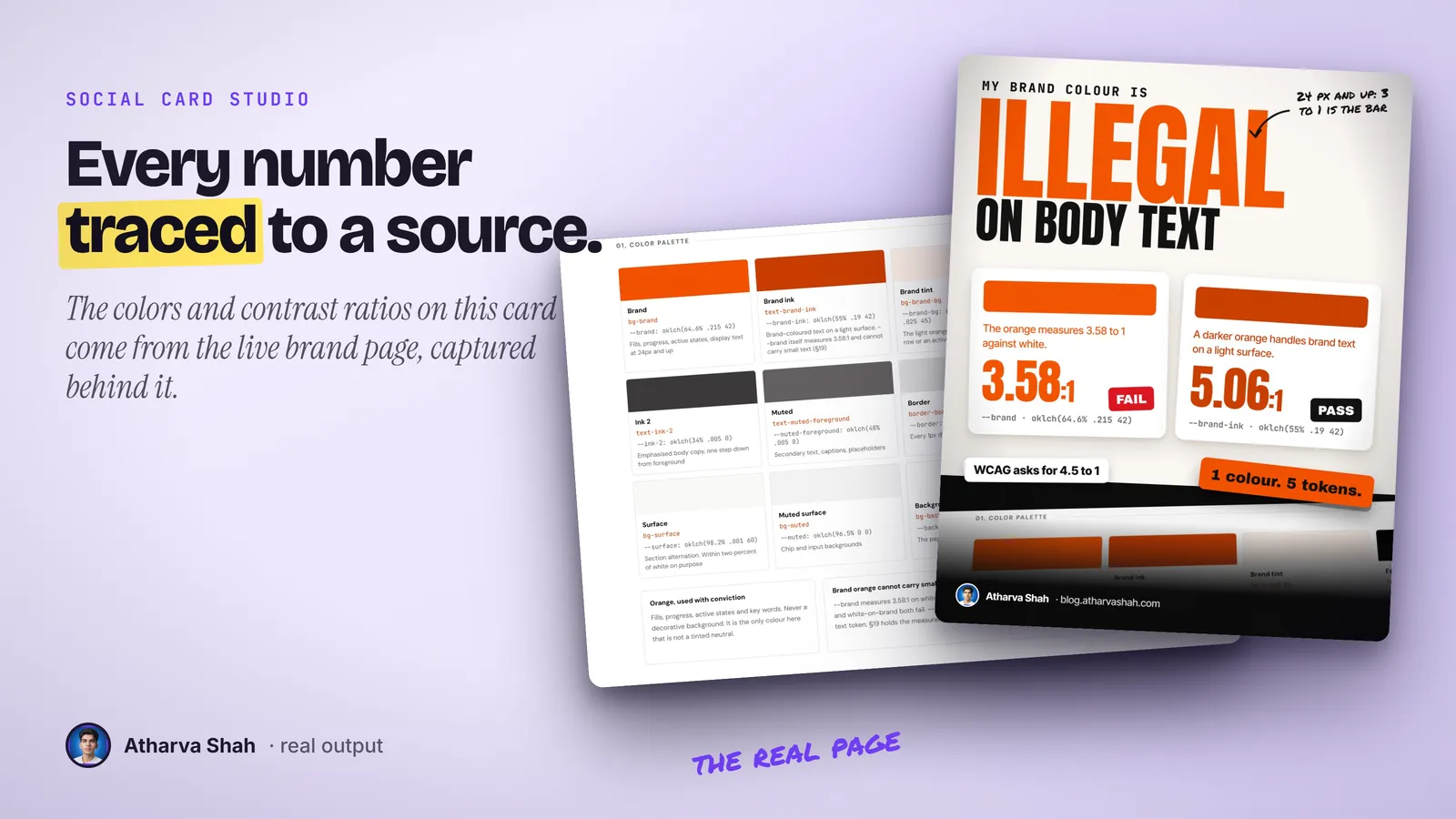 A real post card on brand orange contrast laid over the live brand palette screenshot it was built from.