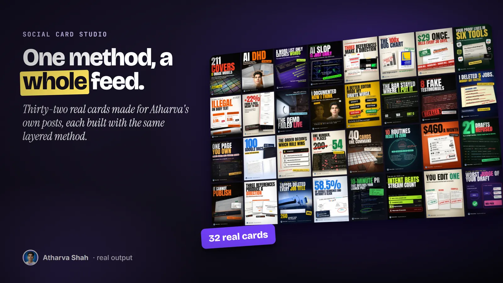 A tilted wall of thirty-two real post cards made for Atharva Shah's own LinkedIn posts.