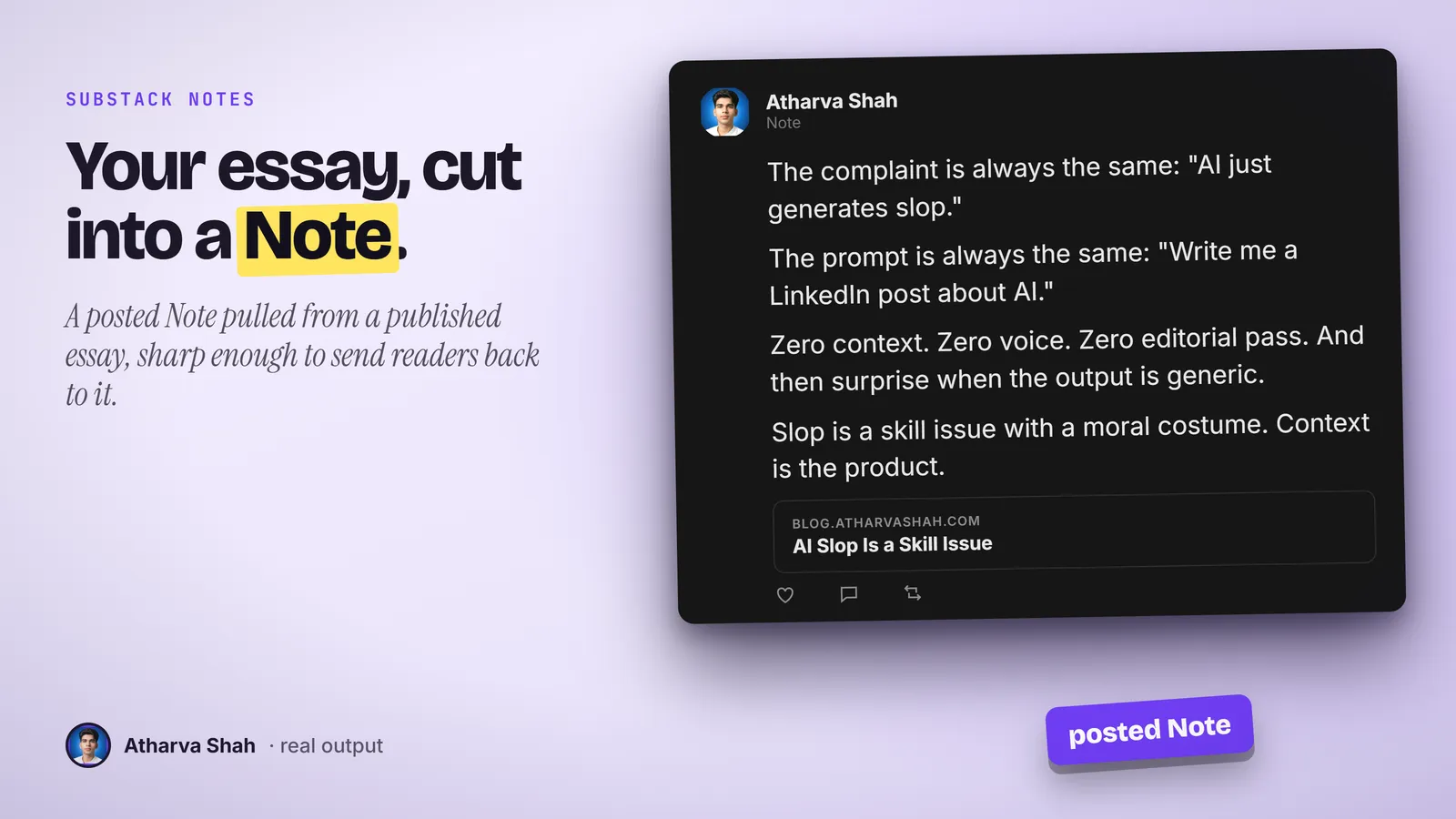 A posted dark-mode Substack Note on AI slop as a skill issue, with the linked essay card below the text.