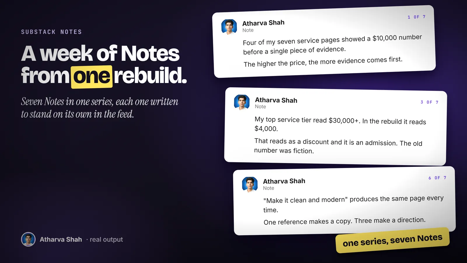 Three stacked Substack Notes, parts 1, 3 and 6 of a seven-part series about rebuilding service pages.