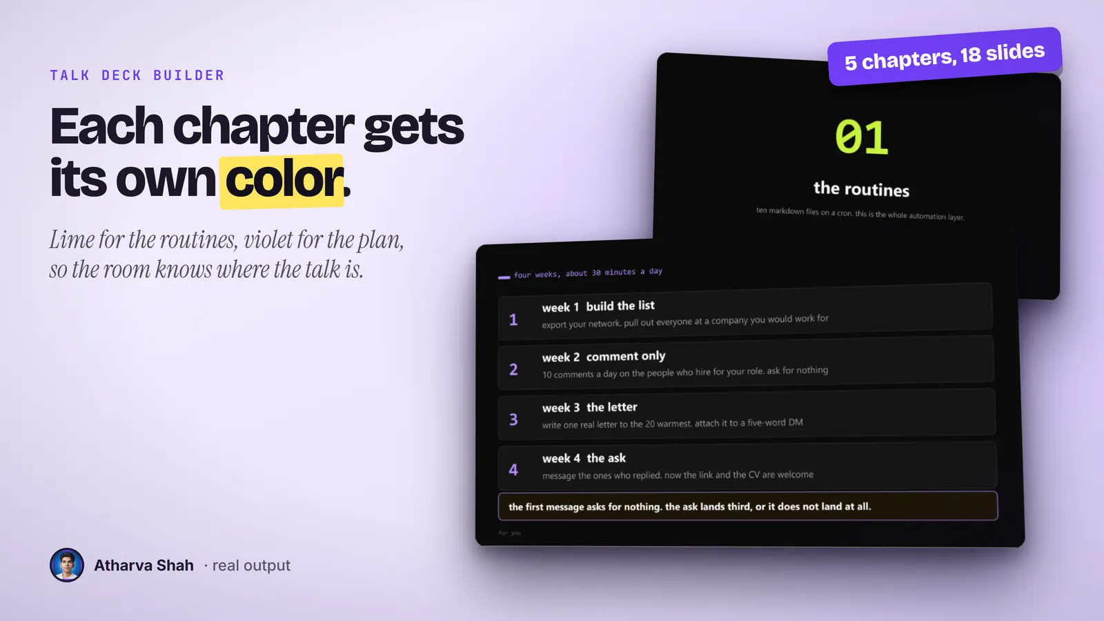 A lime chapter card behind a violet four-week plan slide from the same real talk deck.