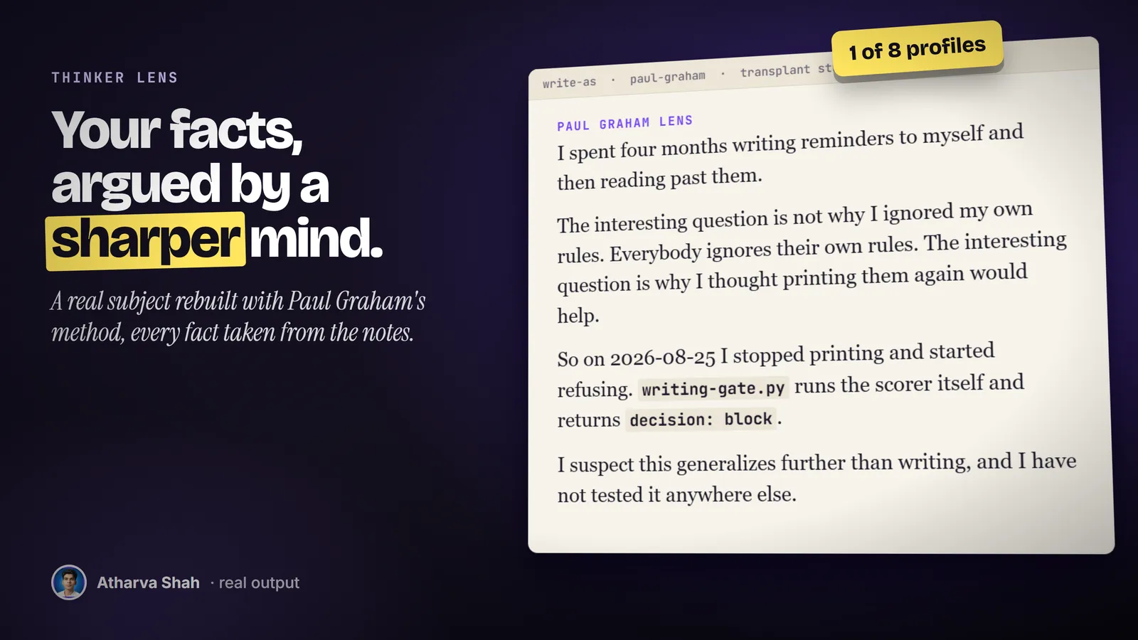 A real Paul Graham lens study of a writing-hook change, with its opening paragraphs on a cream document.
