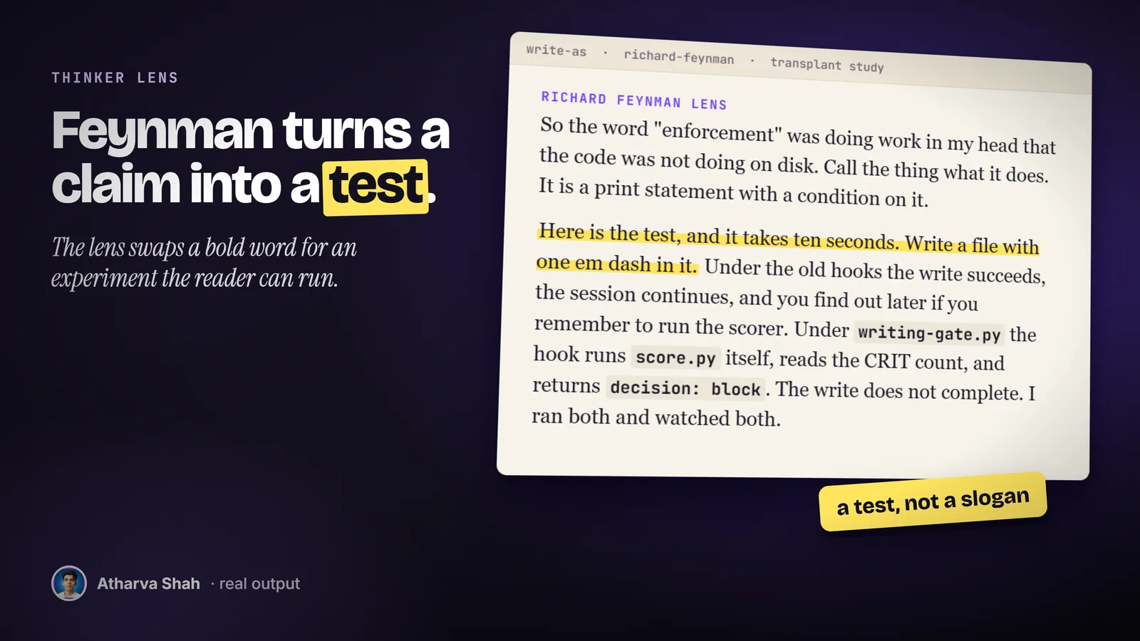 A real Feynman lens passage with its ten-second test highlighted.