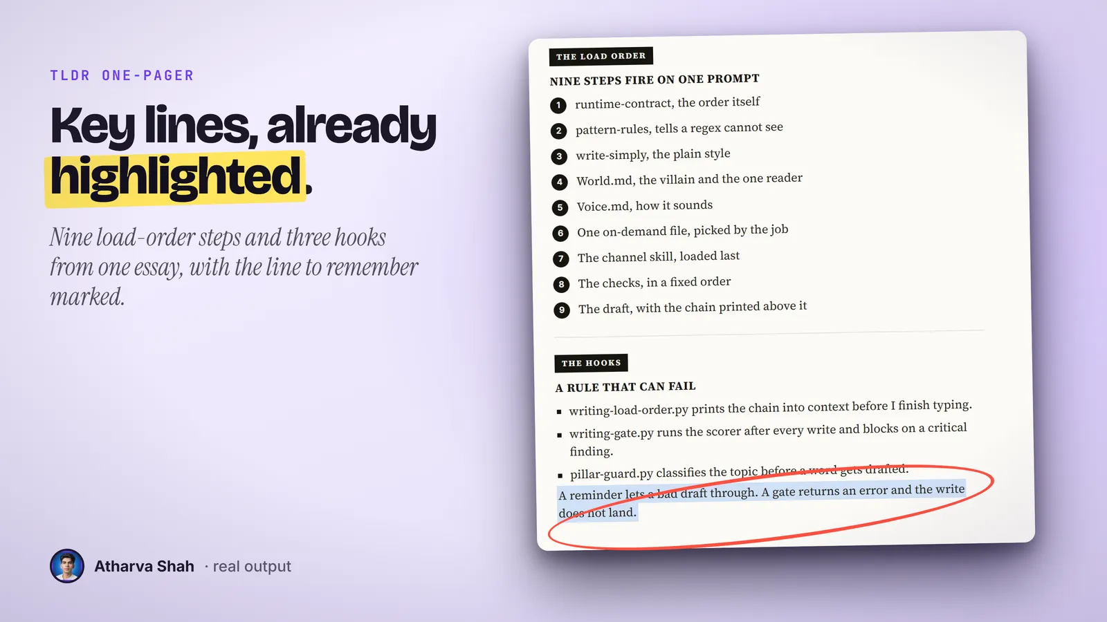 Close crop of a real one-pager listing nine load-order steps and three hooks, with the closing line circled.