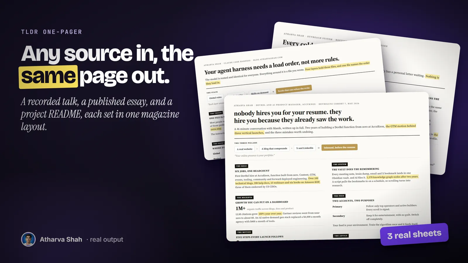 Three real one-pager sheets fanned together, from a recorded conversation, a published essay, and a project README.