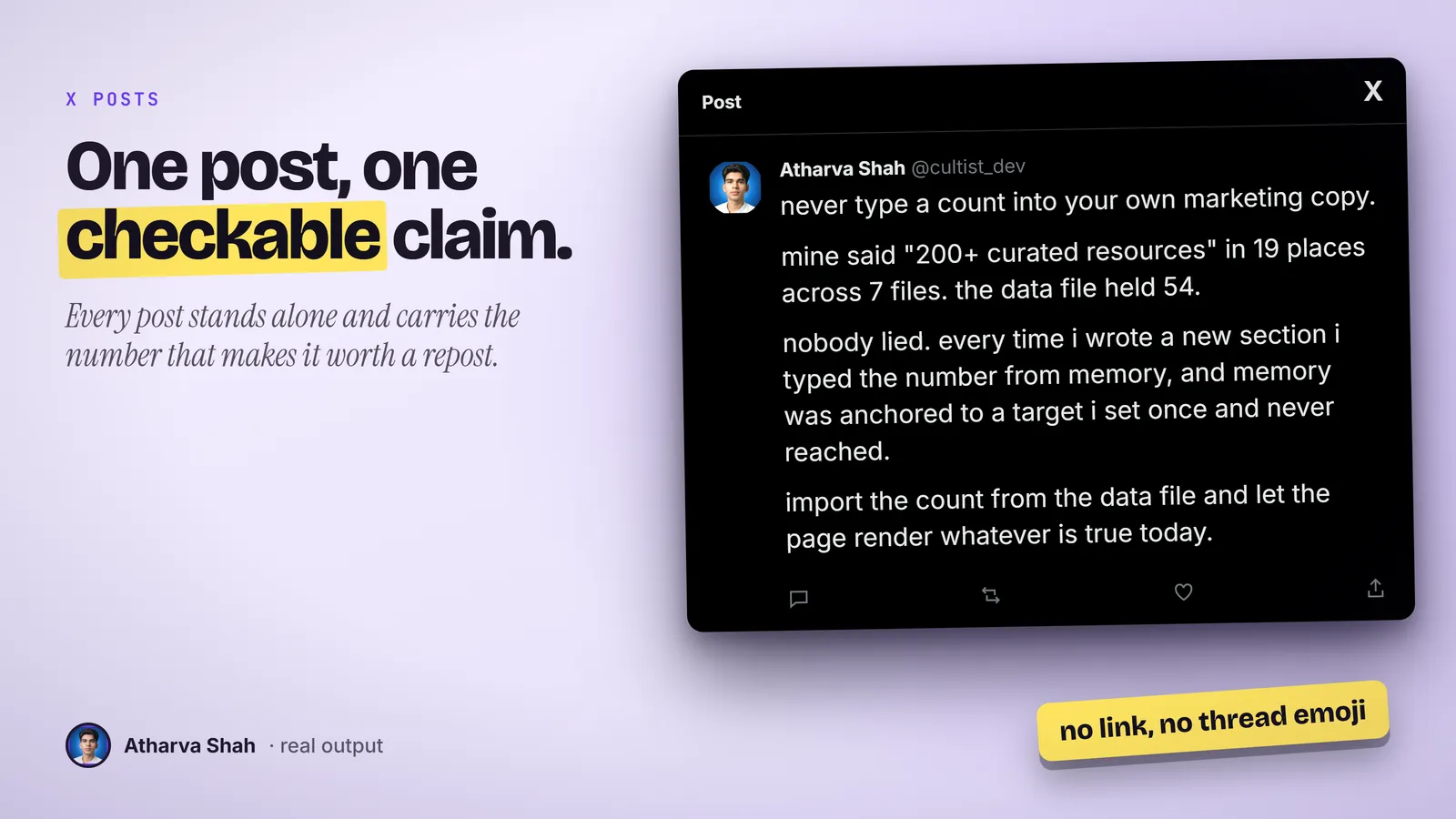A dark-mode X post about a marketing count that appeared in 19 places while the data file held 54.