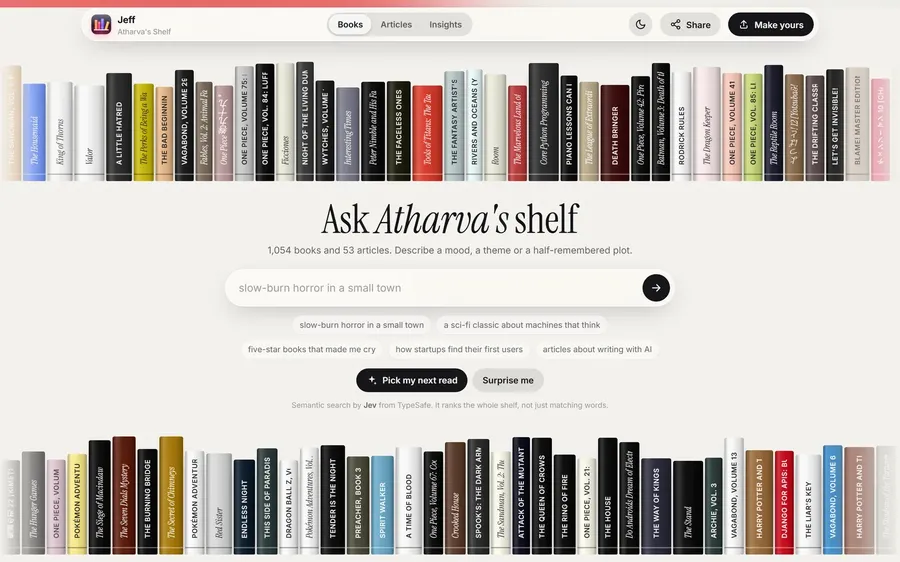 Atharva's shelf, two rows of book spines around the Ask box