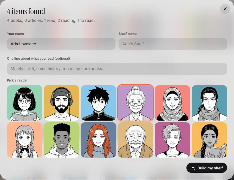 The Make yours window with the shelf fields and the avatar picker