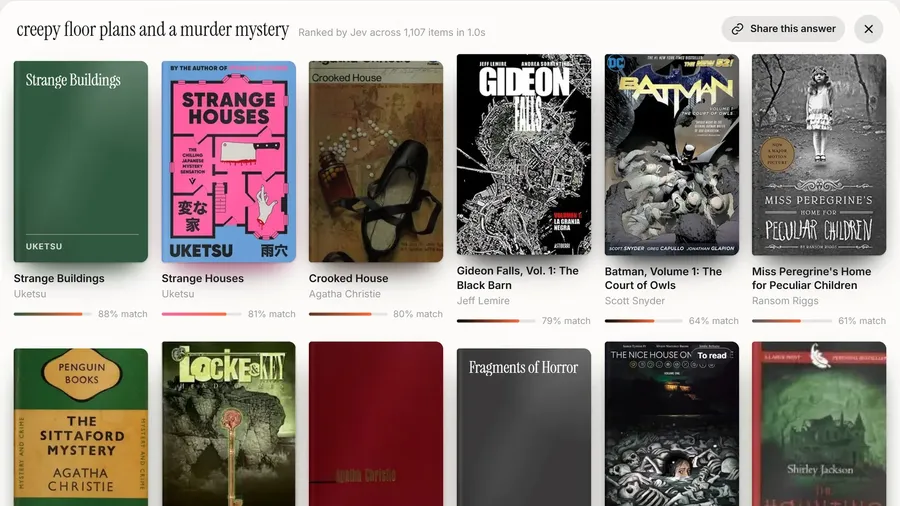 Search results for creepy floor plans and a murder mystery, each with a match score