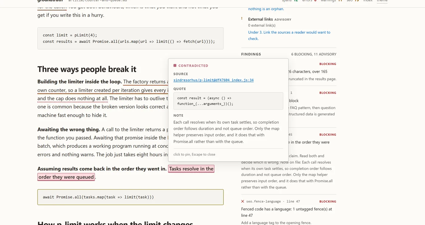A contradicted claim showing its source link, the verbatim quote and the author note