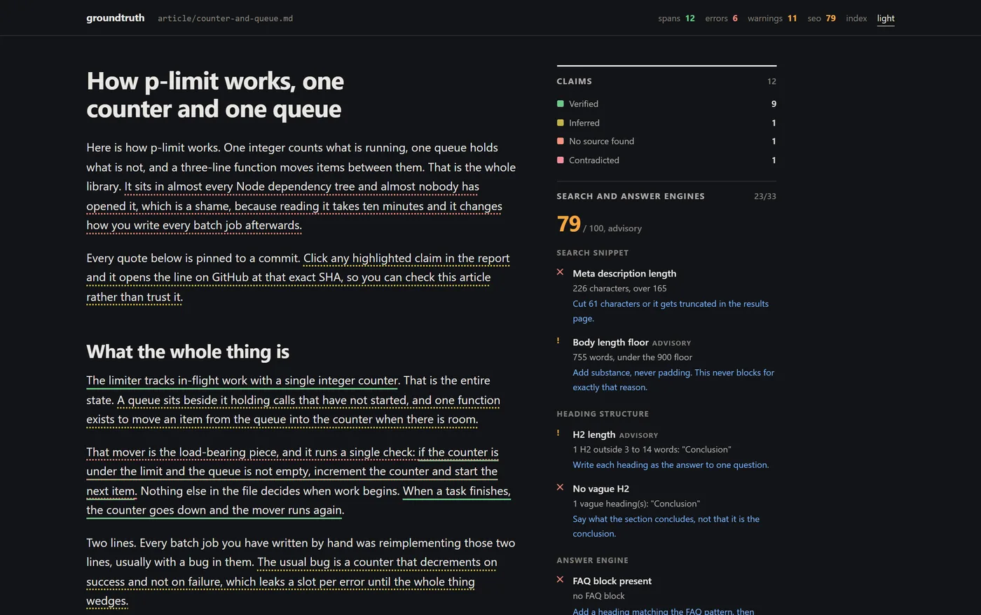 The same report in dark theme