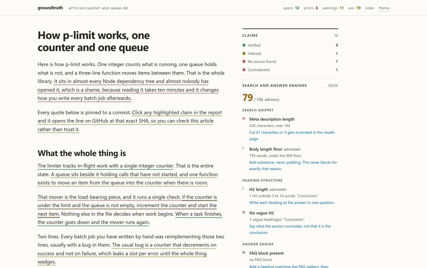 The HTML report: the article on the left with claims underlined, verdict counts and findings on the right