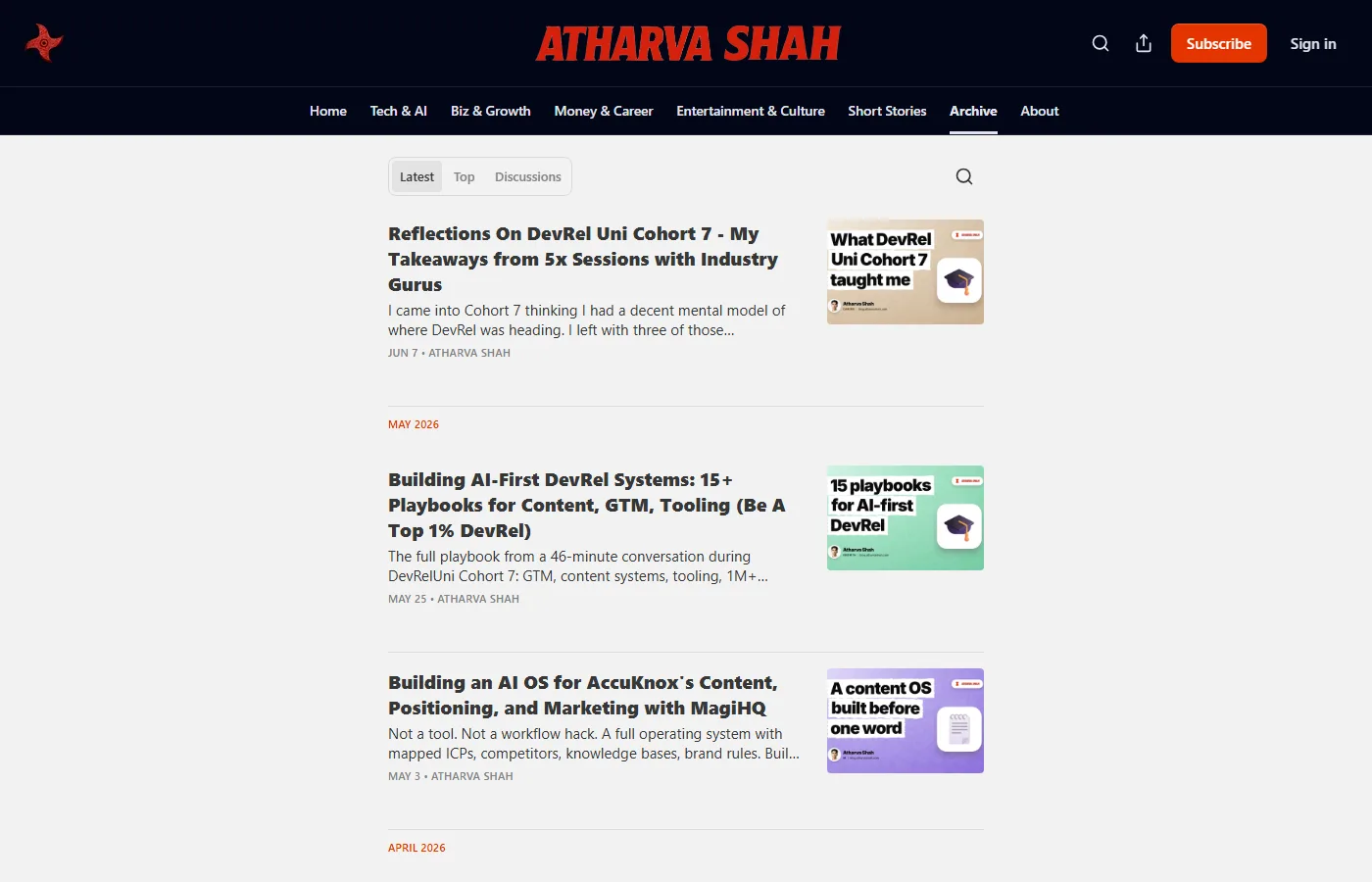 blog.atharvashah.com, 79 posts published and maintained entirely through substack-cli